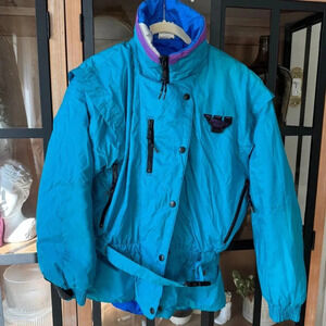Vintage Mountain Goat ski jacket winter neon 80s colorblock zip up pockets belt